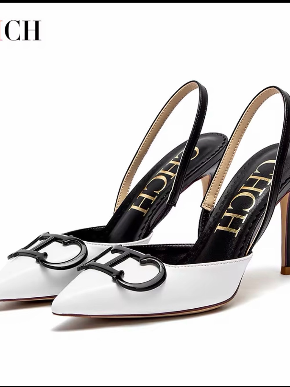White Leather Pointed-Toe Slingback Heels -